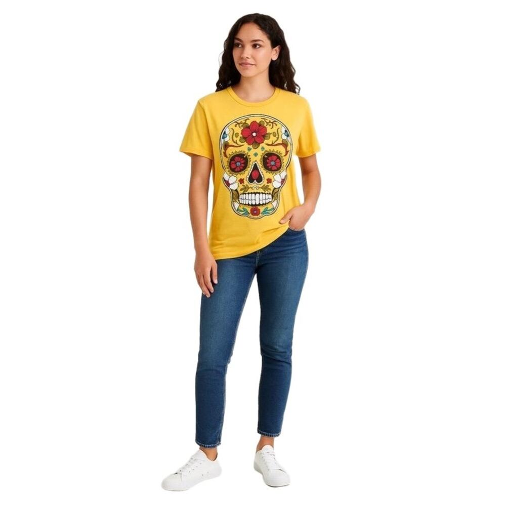 Hasta Siempre Sugar‎ Skull Dia de los Muertos Graphic Tee Yellow Medium